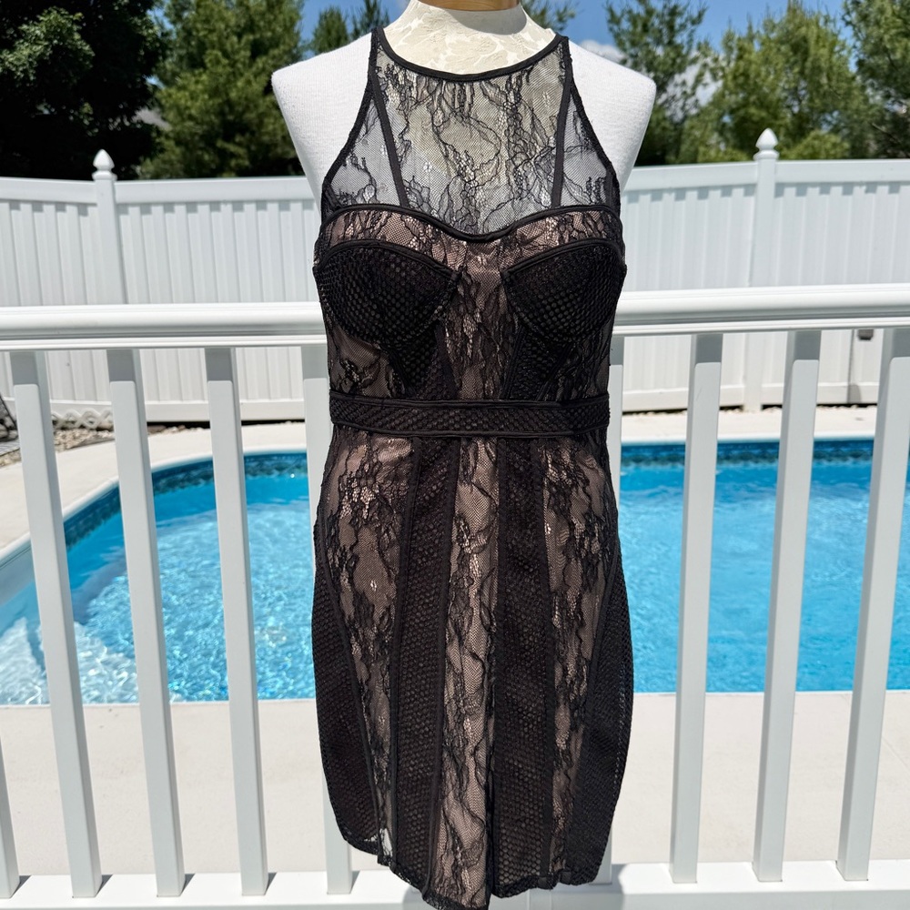 Bardot Black & Nude Lace Panel Sheath Dress Size 8